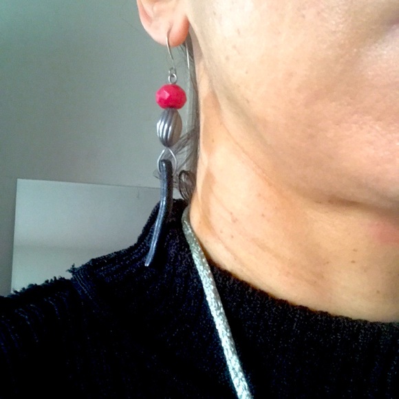 Maui Black Coral and Ruby Silver Dangle Earrings - Picture 2 of 7